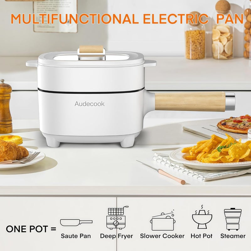 Audecook وعاء ساخن كهربائي 2 لتر، مقلاة غير لاصقة بطبقة خزفية 8 بوصة، طباخ محمول للسفر للرامن/ستيك/أرز مقلي/شوفان/حساء، مع تحكم مزدوج في الطاقة (ملعقة سيليكون مشمولة) - Image 4